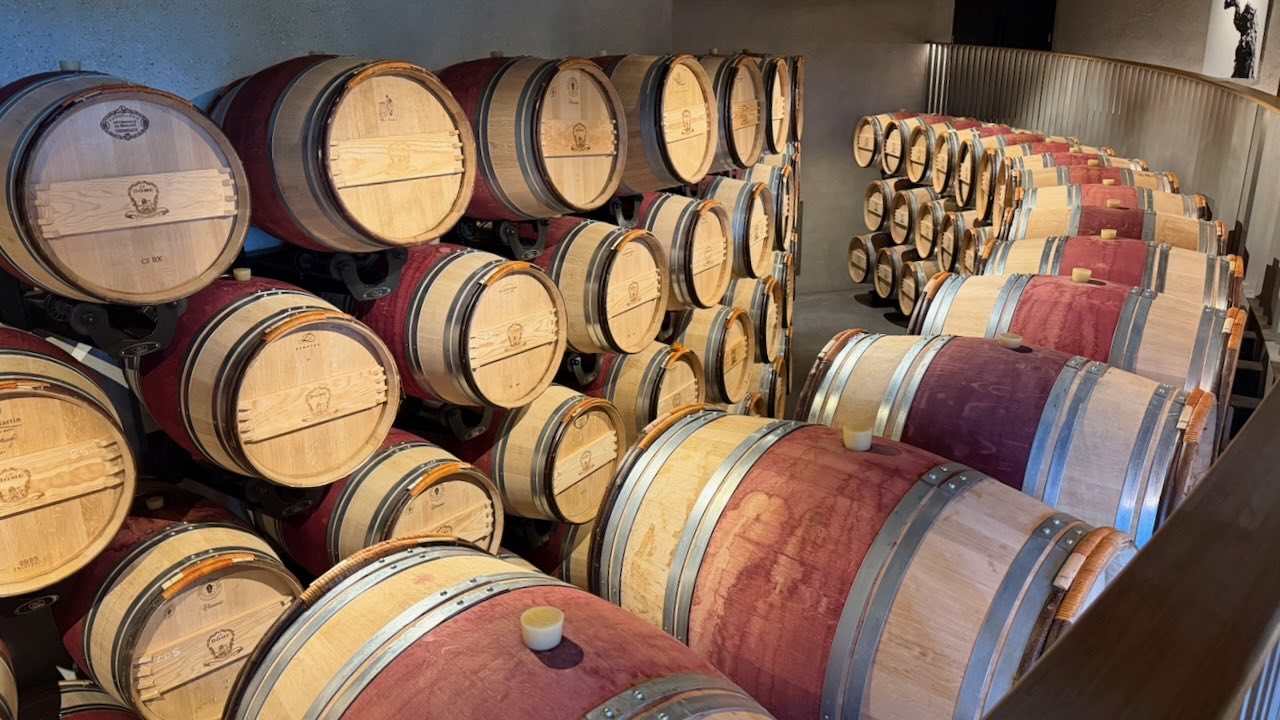 Rows of oak wine barrels, many stained deep purple, lined up in an arc in the Le Dôme cellar
